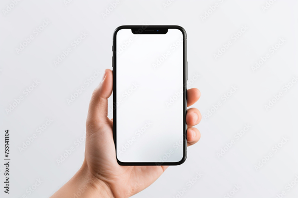 Smartphone mockup in hand. mobile phone with empty screen at blur background. generated by AI