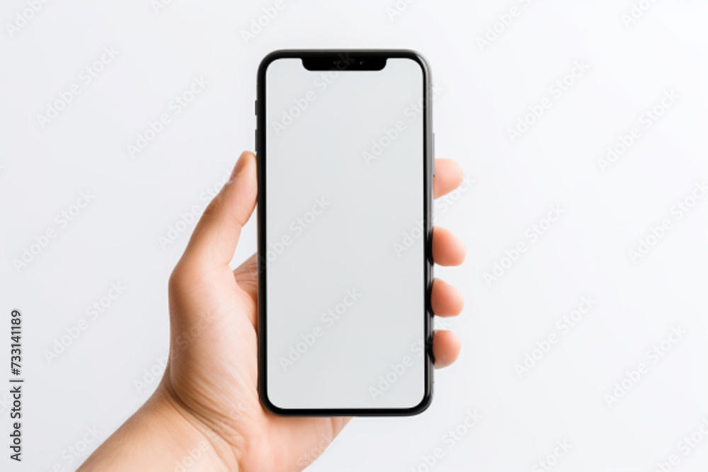 Smartphone mockup in hand. mobile phone with empty screen at blur background. generated by AI Smartphone mockup in hand. mobile phone with empty screen at blur background. generated by AI