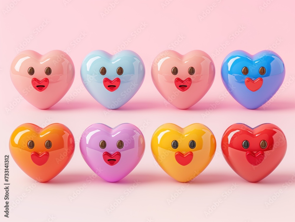 Obraz premium 3d cartoon colorful heart shape toy collection, isolated on light pink background. Suitable for Valentine's Day and Mother's Day decoration
