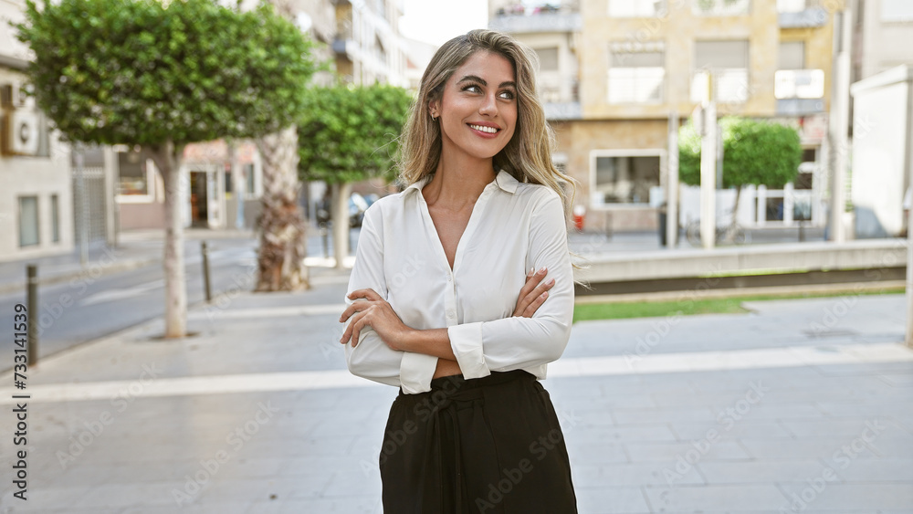 Cheerful, confident young blonde woman enjoying the sunny city atmosphere, standing on a street with a joyful smile and relaxed arms crossed gesture Cheerful, confident young blonde woman enjoying the sunny city atmosphere, standing on a street with a joyful smile and relaxed arms crossed gesture