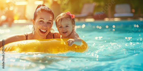 Mother and child playing in swimming pool with colorful floating toy. Little child having fun on family summer vacation in tropical resort. Beach and water toys.