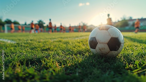 A soccer ball on a sunlit field with players in the background  perfect for themes of teamwork  sports  and competition  with the foreground providing an ideal space for text