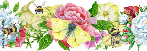 Composition of color petunia and peony flowers. Watercolor illustration