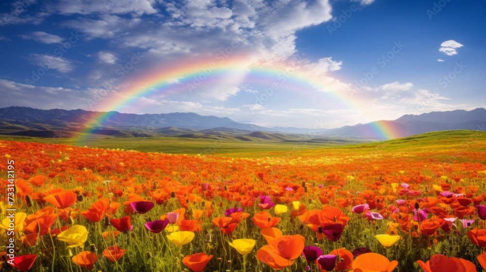 A rainbow forming above a field of poppies
