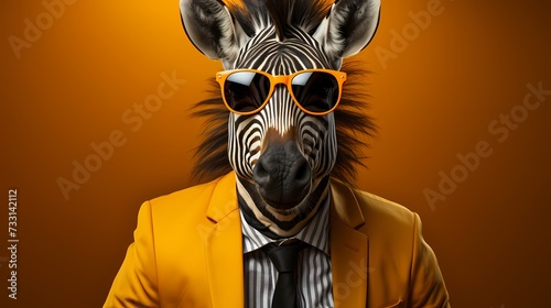A fashionable zebra showcases its individuality in a vibrant outfit and stylish glasses against a solid yellow background. The high-definition image captures its modern and bold fashion choices 