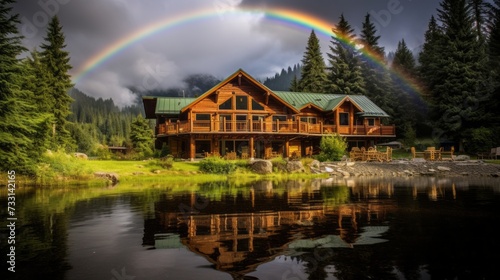 A rainbow arching over a serene mountain lodge