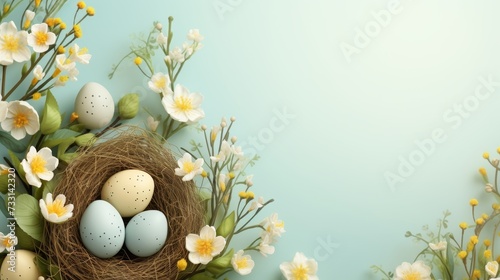 Easter poster and banner template with Easter eggs in a nest on a light green background. Easter greetings and gifts in flat style. photo