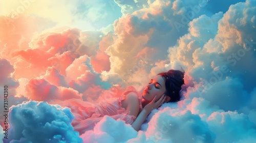 Young woman sleeping lying on a pillow made of soft clouds. Air dreams. Soft heavenly bed