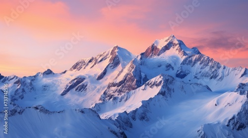 A snow covered mountain range at dawn