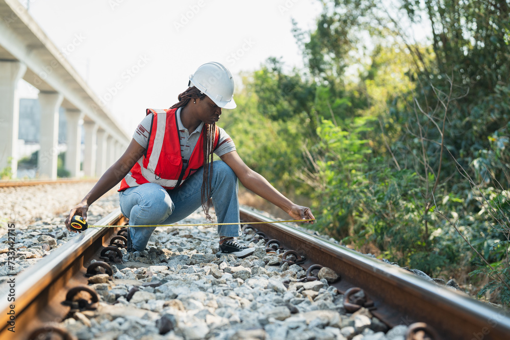 African American female railway engineer in vest and helmet safety inspecting and checking railroad tracks by using measuring tape to measure railroad tracks length African American female railway engineer in vest and helmet safety inspecting and checking railroad tracks by using measuring tape to measure railroad tracks length