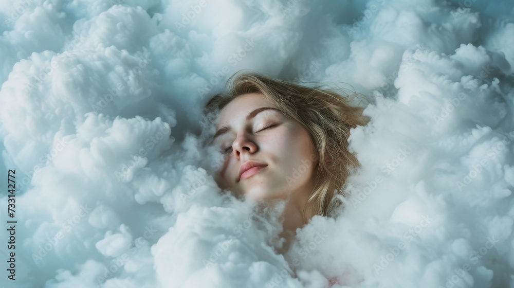 Young woman sleeping lying on a pillow made of soft clouds. Air dreams. Soft heavenly bed