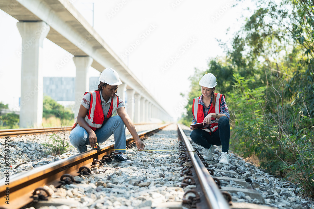 Female railway engineer in vest and helmet safety inspecting railroad tracks by using measuring tape to measure railroad tracks length. Two technical discussing maintenance on the railroad tracks.