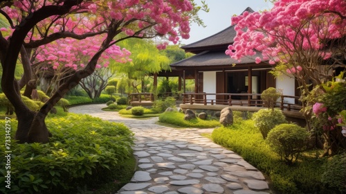 A tranquil garden pension with blooming flowers and serene pathways © Cloudyew