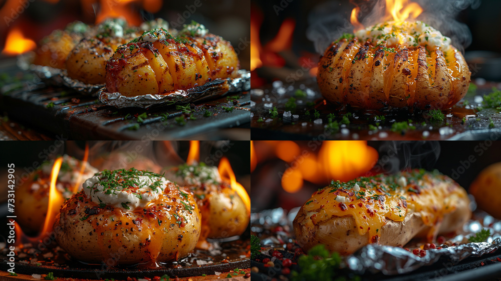 Illustration of eating by an open fire, a steaming large potato wrapped in half-charred foil, opened with cream cheese on top and some fresh herbs, extremely detailed. Restaurant menu. Homemade food.
