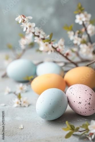 Easter concept. pastel speckled eggs and spring flowers. a greeting card. copy space.
