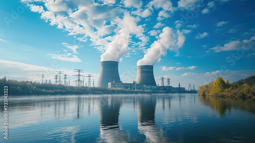 A nuclear power plant on the background of the sky by the river. The power plant's imposing presence against the backdrop of the sky. photo