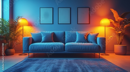 Gray sofa and armchair, glowing lamps and a cozy living room interior