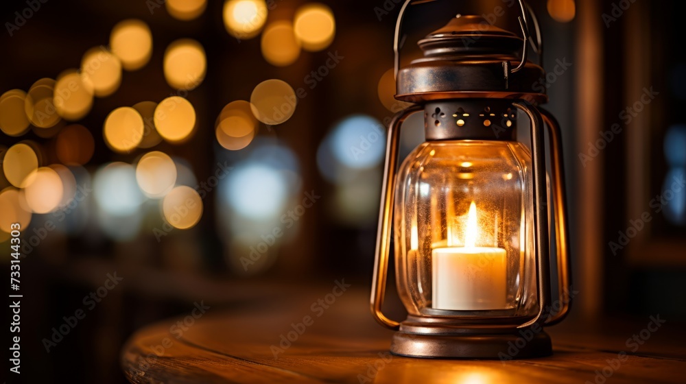A closeup of a flickering candle in a lantern