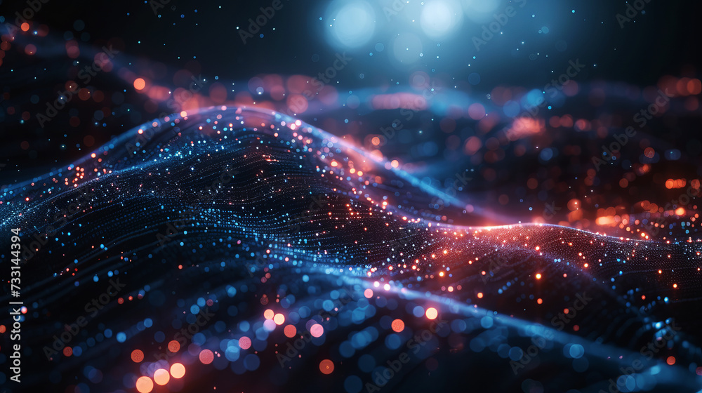 Fototapeta premium Digital Waves Particle System. Blue digital waves in an abstract particle system.