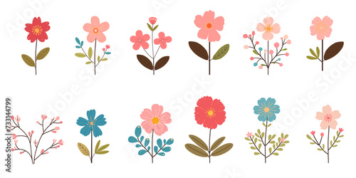 Set of collection of cute flowers in pastel colors Set of flat flowers. Vector