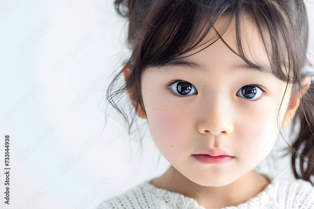 Closeup portrait of asian little girl isolated on white background