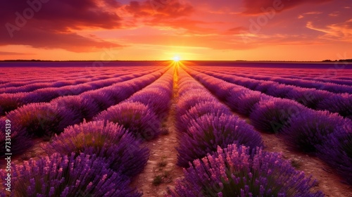 A lavender field at sunset with a warm, orange glow
