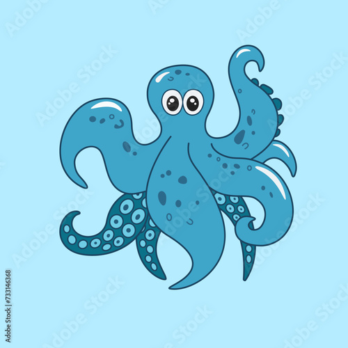 Blue cartoon Octopus. Marine inhabitants, doodle octopus, tentacles
