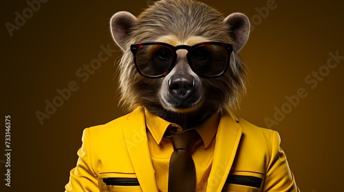 A sophisticated bear dons a tailored suit and stylish glasses, exuding an air of modern elegance. Against a solid background, it captures attention with its refined fashion choices and confident ©  ALLAH LOVE