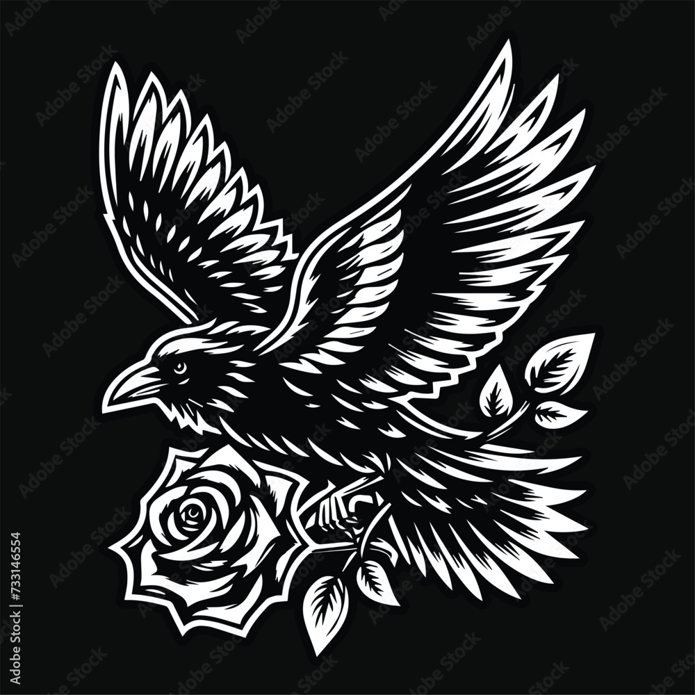 Obraz premium Dark Art Crow Flying Use Wing with Rose Flower Black and White Illustration