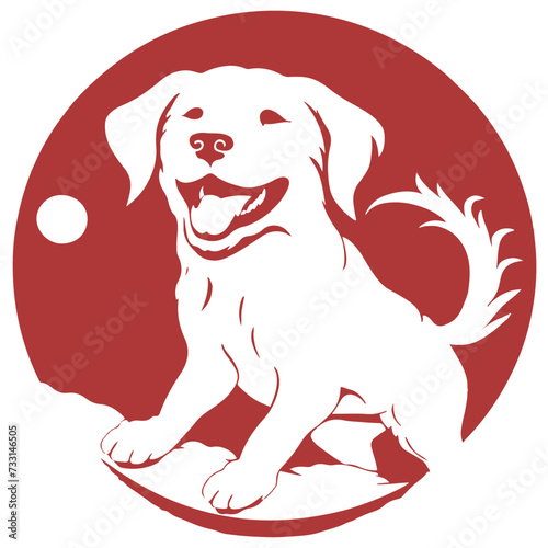 Happy dog with a ball in rounded sticker kind of circular frame, terracota earthly red color on white background