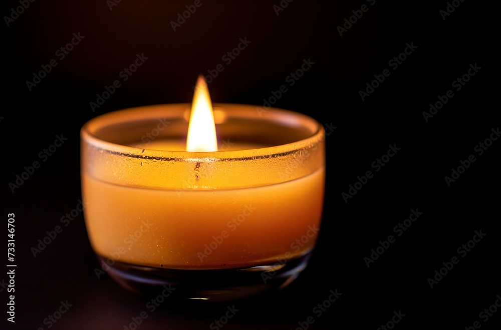 Close-up of a burning candle in a glass holder, against a dark background Close-up of a burning candle in a glass holder, against a dark background