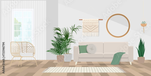 Stylish living room interior with beautiful house plants