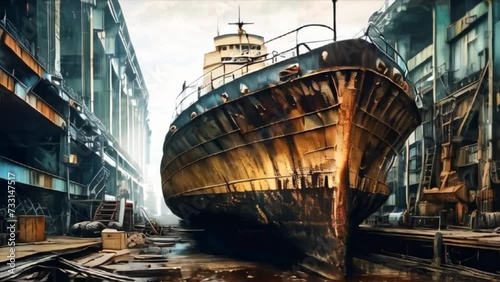 Old rusty ship under repair on dry dock photo