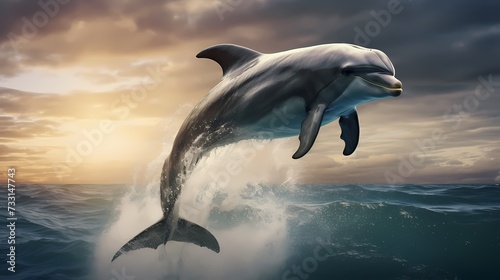 A sophisticated dolphin in a silk scarf  leaping gracefully in the ocean