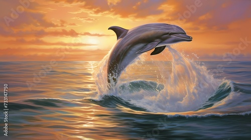 A sophisticated dolphin in a silk scarf  leaping gracefully in the ocean