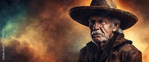 Old cowboy. Close-up of an elderly man wearing a cowboy hat. Heroic image of a man. Empty space for your text. AI generated