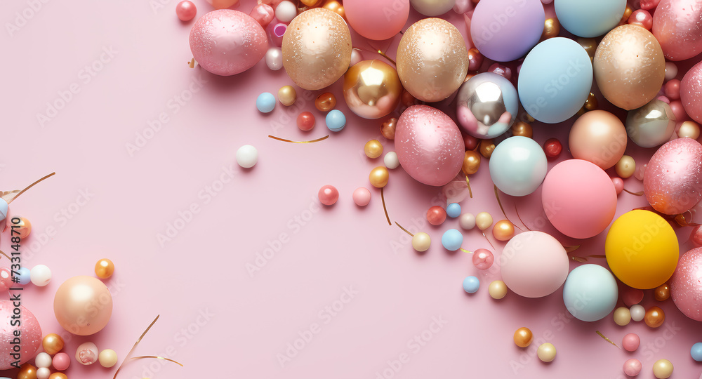 Holiday Easter background of colorful pastel Easter eggs and bunny ears on pink table top view