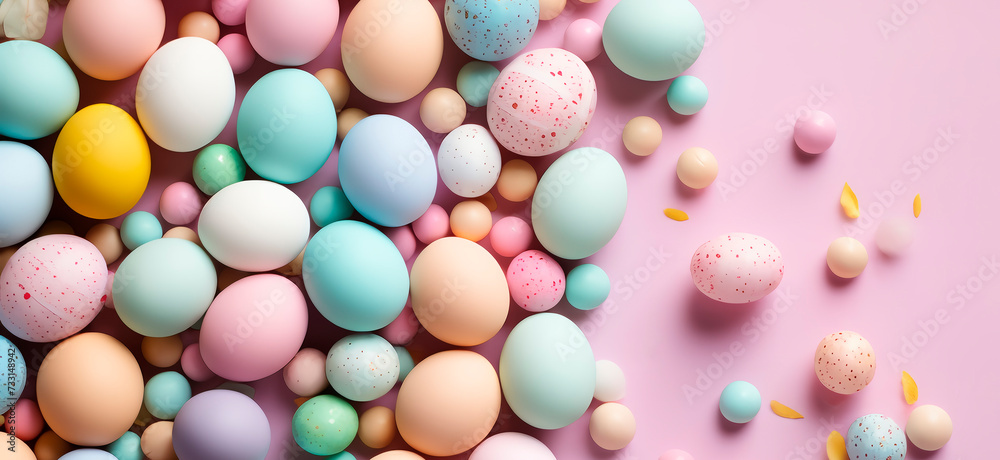 Holiday Easter background of colorful pastel Easter eggs and bunny ears on pink table top view - obrazy, fototapety, plakaty 