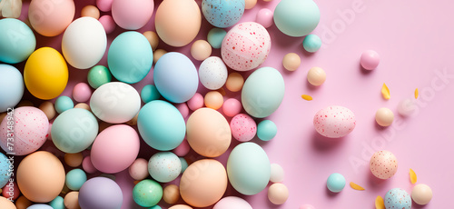 Holiday Easter background of colorful pastel Easter eggs and bunny ears on pink table top view
