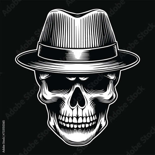 Dark Art Mafia Skull Head with Hat Black and White Illustration