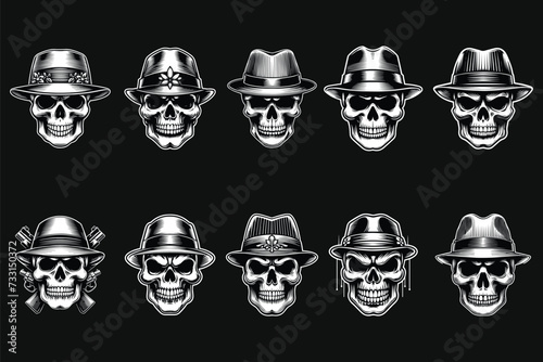 Dark Art Mafia Skull Head with Hat Black and White Illustration