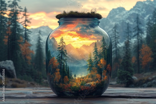 A beautiful forest landscape enclosed in a glass jar. Environmental protection symbol photo