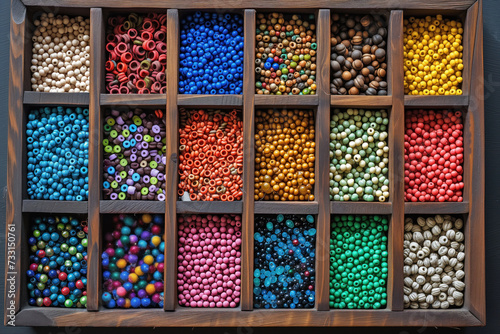 Wallpaper Mural A colorful collection of assorted beads neatly organized in a wooden compartment box, showcasing a variety of textures and hues. Torontodigital.ca