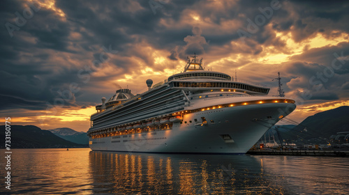 A luxurious cruise ship illuminated against a dramatic sunset, anchored in a tranquil harbor surrounded by mountains.