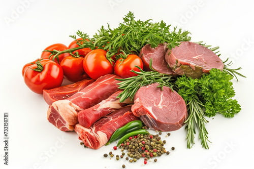 A vibrant display of fresh meat cuts, ripe tomatoes, green herbs, and assorted spices on a white background