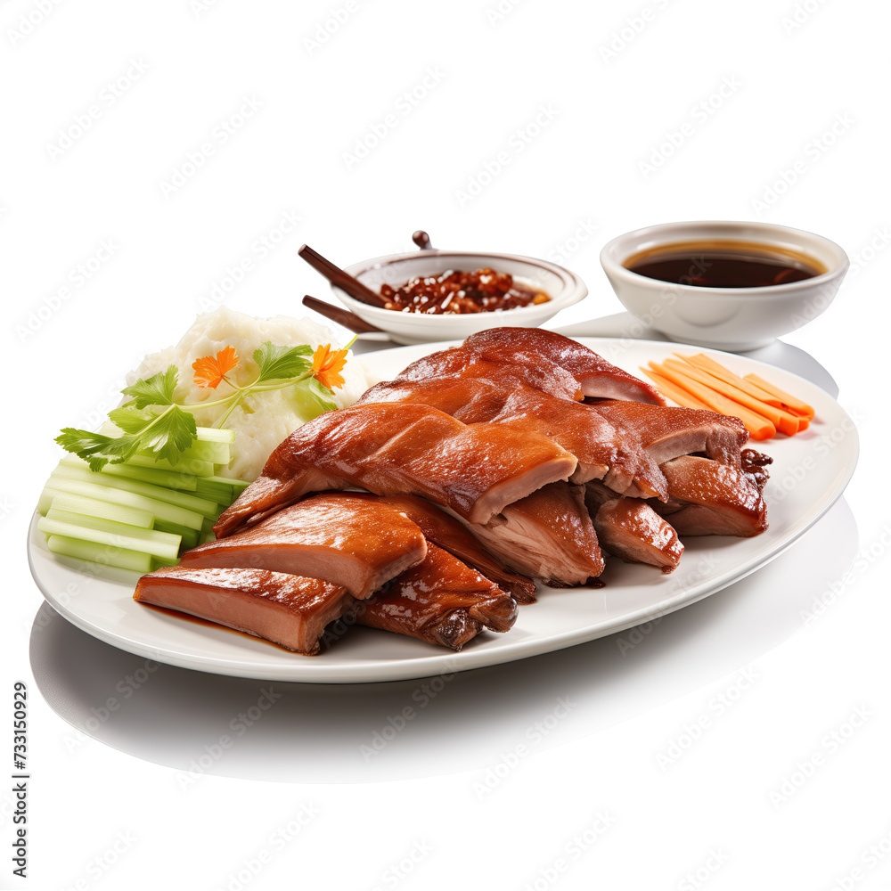 A succulent serving of Peking duck, sliced and arranged with fresh