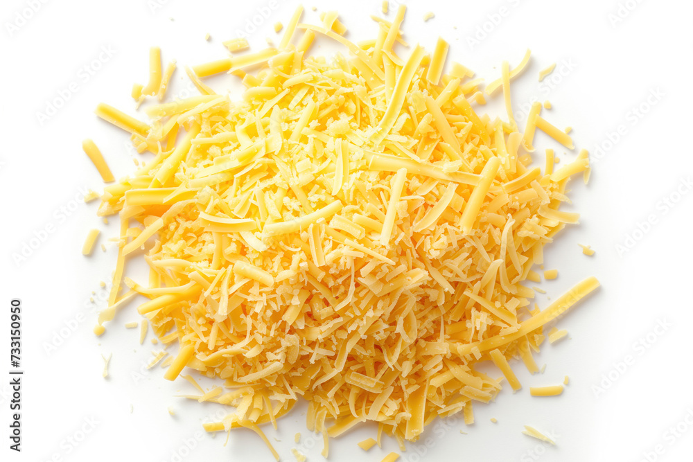 A close-up view of golden shredded cheese. The texture and color of the cheese are perfectly illuminated against a white background. This fresh pile of cheese is appetizing and rich in detail.