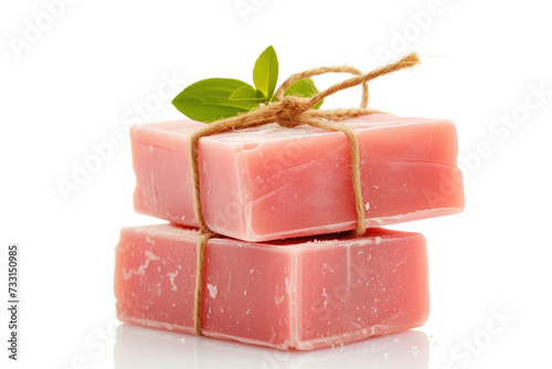 Three pink handcrafted herbal soap bars tied with rustic twine, adorned with a fresh green leaf, isolated on a white background.