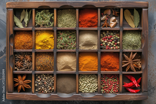 A variety of colorful spices neatly arranged in a wooden compartment tray, showcasing the diversity and richness of flavors from around the world. © Sviatlana