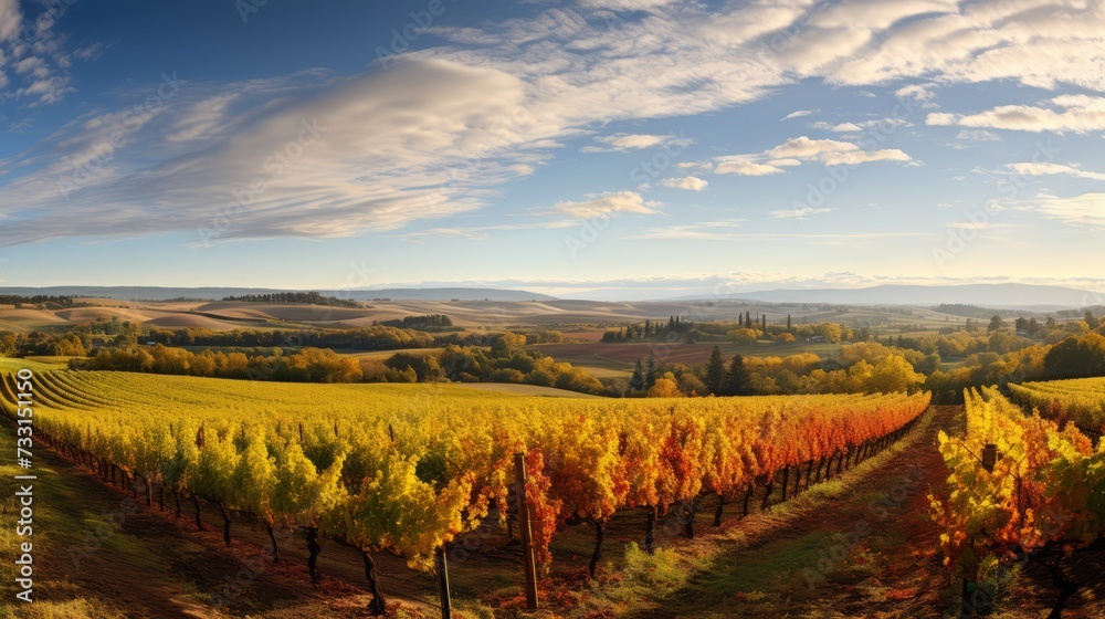 A panoramic view of a vineyard in the autumn harvest